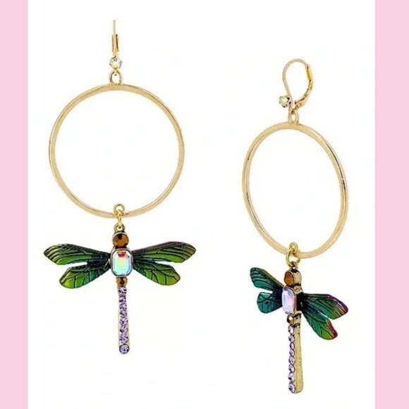 NWT Betsey Johnson Bug Collector Dragonfly Hoop Earrings - Picture 3 of 7